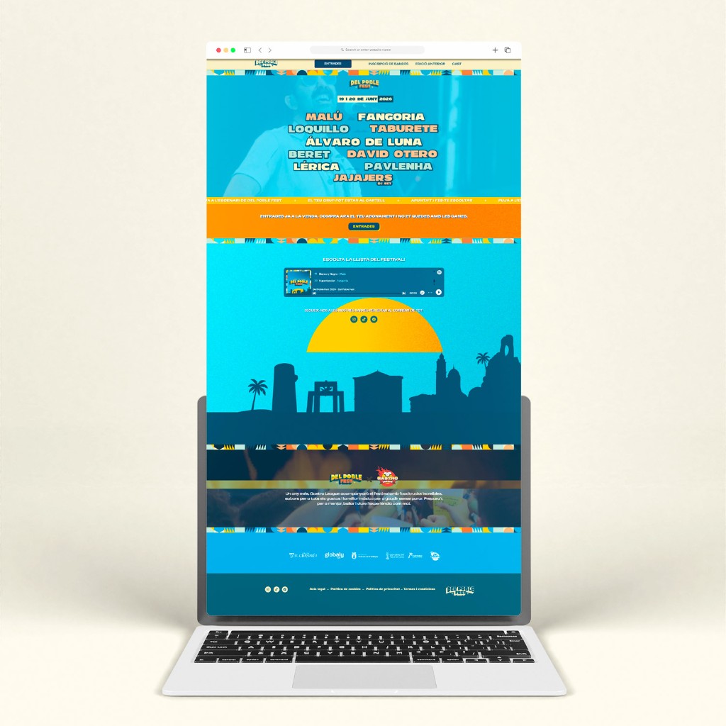 Del Poble Fest — mockup de la landing en portátil